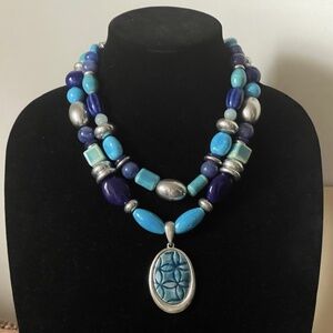 Chico's Blue Geometric Multi-Strand Avery Pendant Necklace Bohemian Turquoise